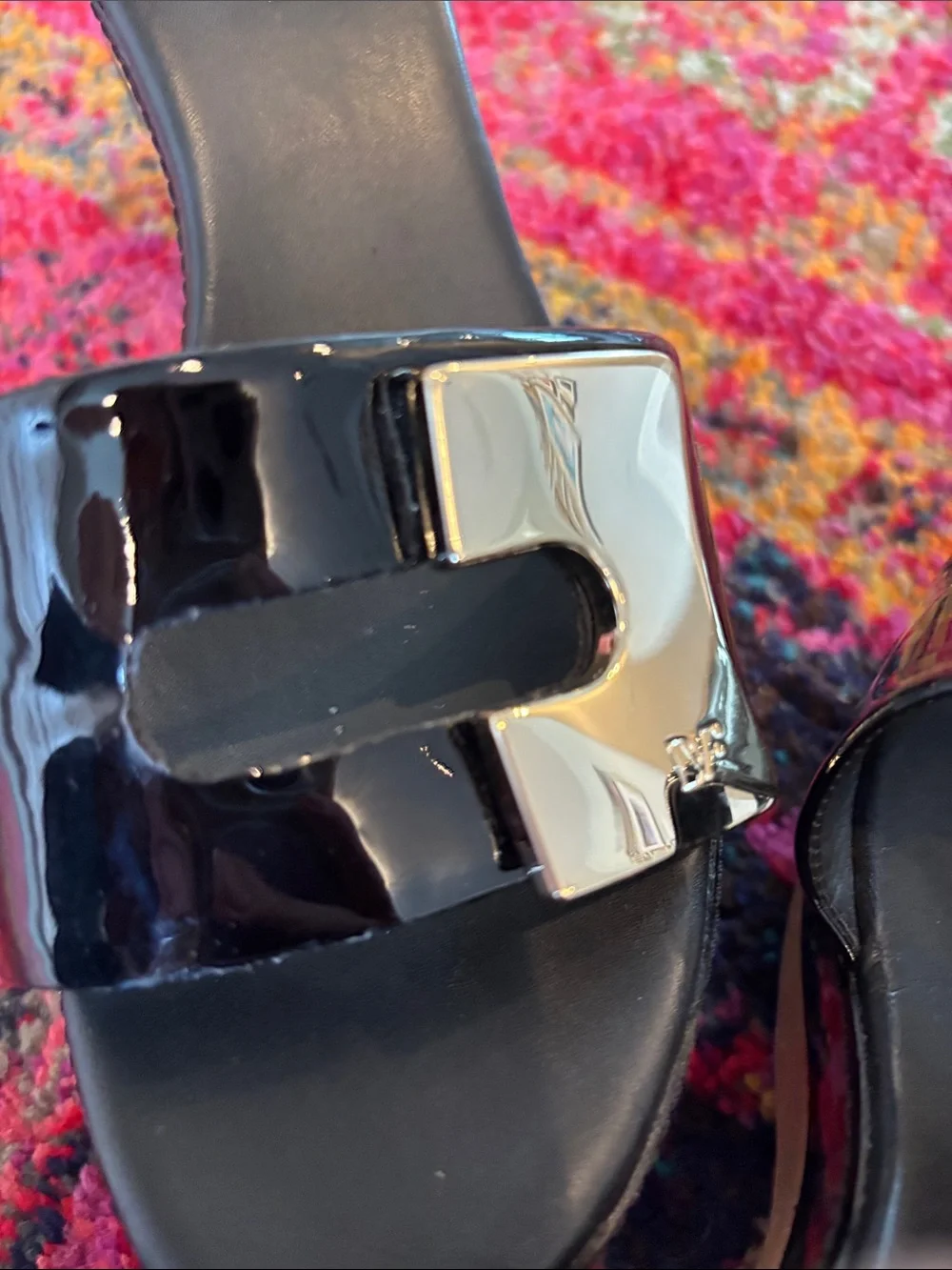 Diane Von Furstenberg Black Patent Slide Sandals with Gold Buckle - Kids